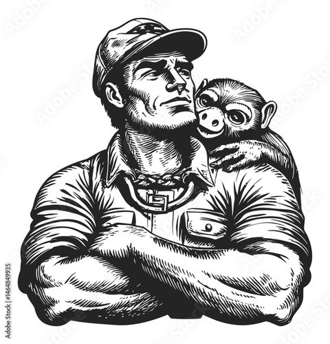 Vintage Engraved Art of a Strong Man with a Monkey Companion