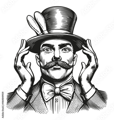 Vintage Engraving of a Magician Wearing a Top Hat and Bow Tie