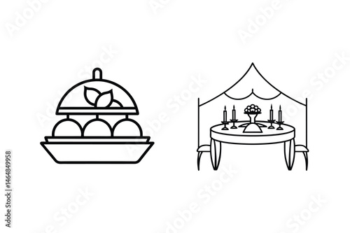 Elegant black and white illustrations of a served food dish and a dining table