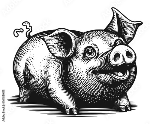Detailed Engraving of a Happy Pig in Vintage Style Artwork