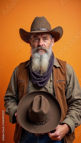 Veteran cowboy with gray beard wearing hat and vest against vibrant orange background showcasing traditional Western attire