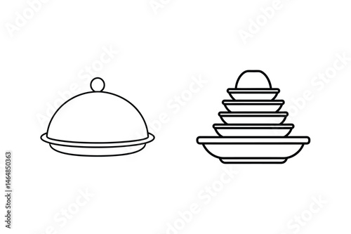 Simple black and white outline illustration of covered dish and stacked plates