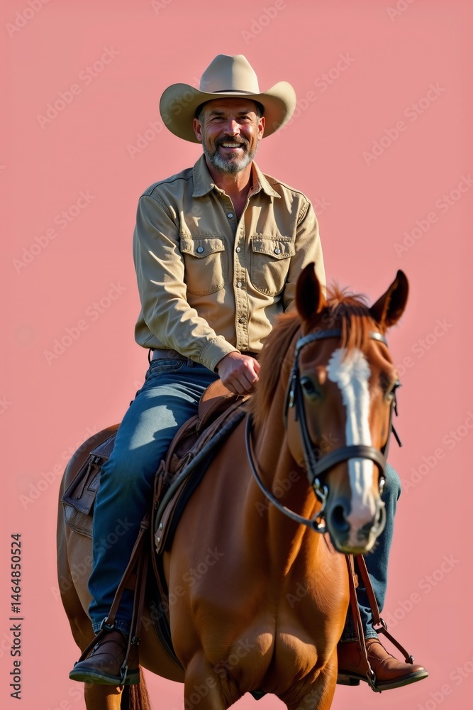 Fototapeta premium Confident cowboy riding chestnut horse against vibrant pink backdrop showcasing equestrian flair and Western style, capturing outdoor spirit