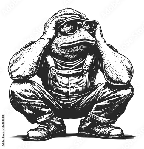 Detailed Engraving of a Frog Wearing Sunglasses in Casual Stance