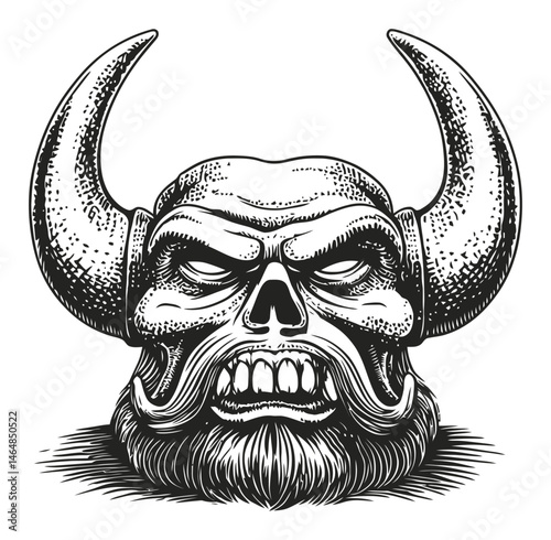 Dramatic Engraving of a Horned Skull with Fierce Expression