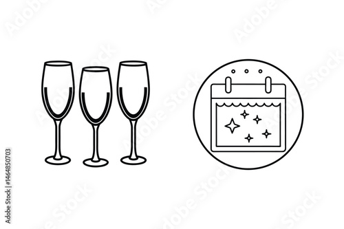Festive celebration elements illustration featuring champagne flutes and a sparkling calendar icon