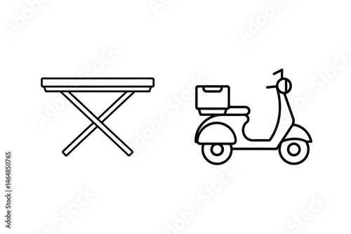 Minimalist outline drawing of a folding table and delivery scooter vector illustration