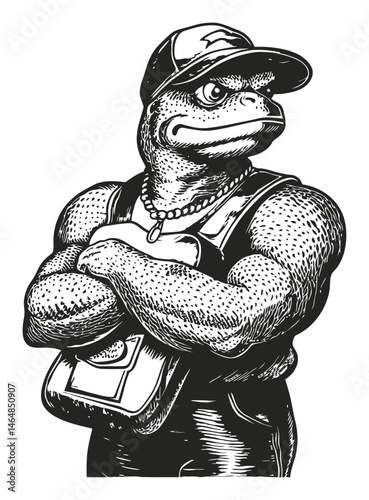 Detailed Engraving of Strong Anthropomorphic Creature with Cap