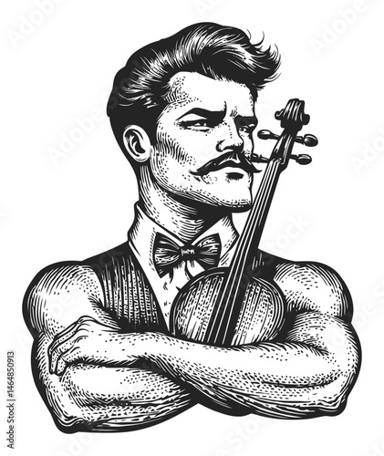 Vintage Engraving of Strong Man with Violin in Artistic Style