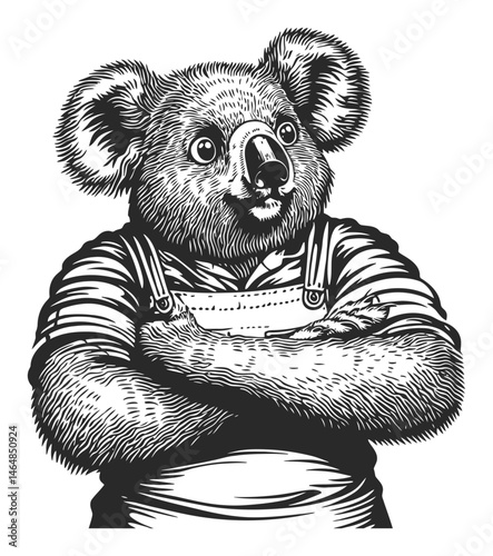 Detailed Engraving of a Koala Wearing Overalls in Black and White Art
