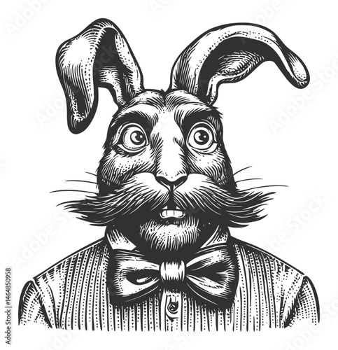 Vintage Engraving of Rabbit Character Wearing Bowtie and Vest