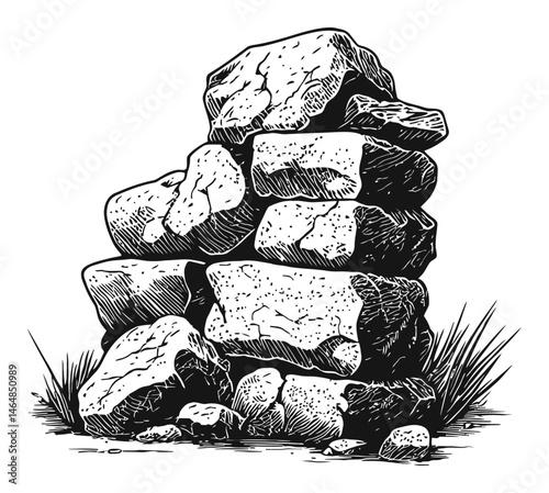 Detailed Engraving of Stacked Rocks and Natural Elements in Line Art