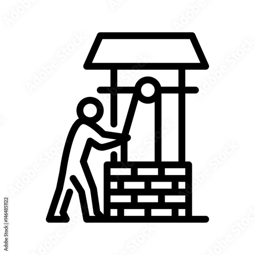farmer drawing water from well outline icon. farm activity line art illustration.