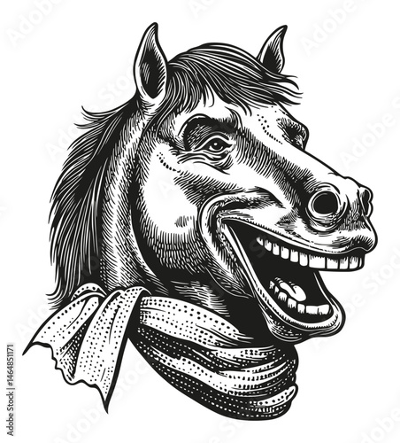 Detailed Engraving of a Horse Head in Black and White Line Art
