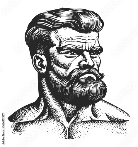 Engraved Profile of a Handsome Bearded Man with Strong Features