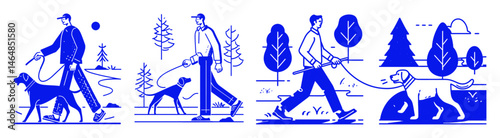 Modern Minimalist Illustration of Dog Walking in Nature Setting
