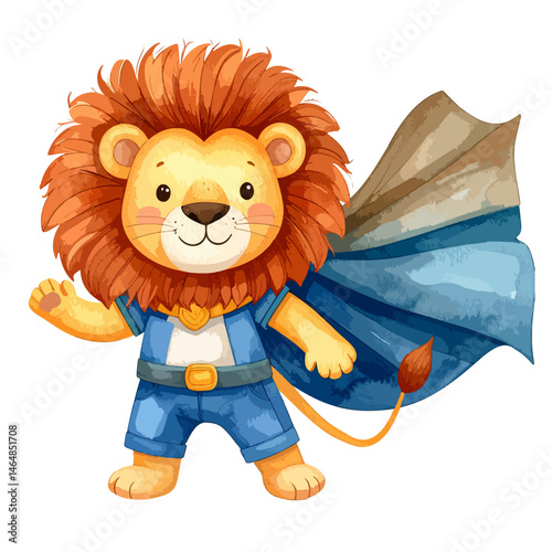 Lion boy in a superhero costume with a cape flying in the wind, watercolor, kids boho style, 