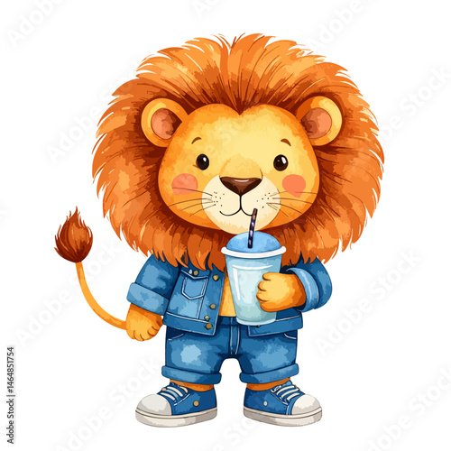 Chic lion in a denim jacket and sneakers, holding a milkshake, watercolor boho style, childr