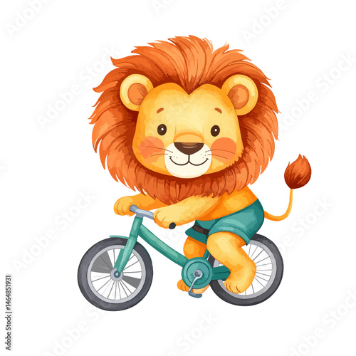 Lion boy riding a bicycle, smiling and wearing a cap backwards, watercolor style, boho kids  (2)