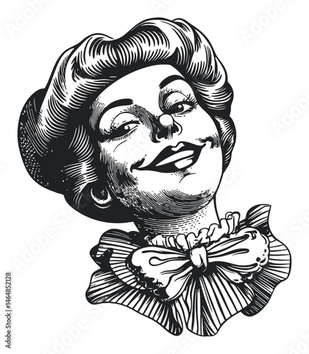 Vintage Engraving of a Cheerful Woman with a Bow Tie in Art Style