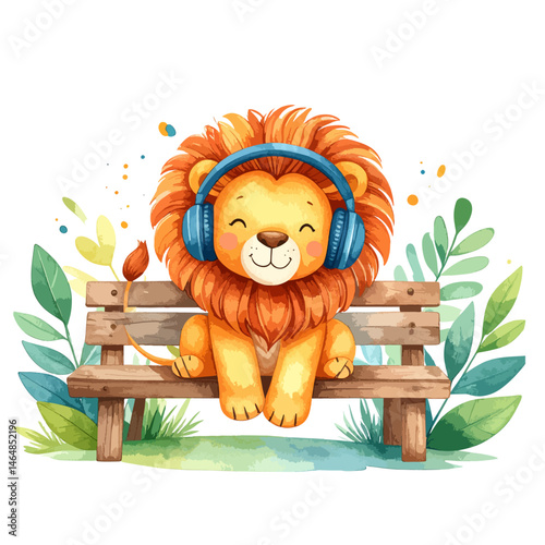 Cool lion boy with headphones