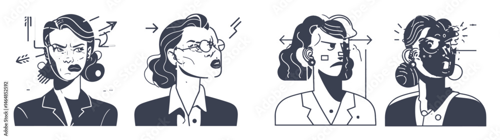 Fototapeta premium Four Illustrations of Modern Minimalist Female Expressions in Black and White