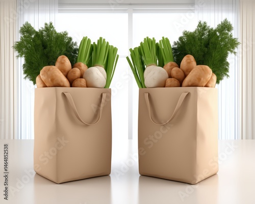 Fresh Organic Vegetables in Stylish Tote Bags Placed on Table Illuminated by Natural Light with Window Background Creating a Warm Homely Atmosphere