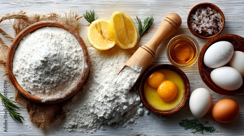 Fresh eggs, flour, lemon, and oil are arranged on a rustic wooden table for baking a delicious pastry.