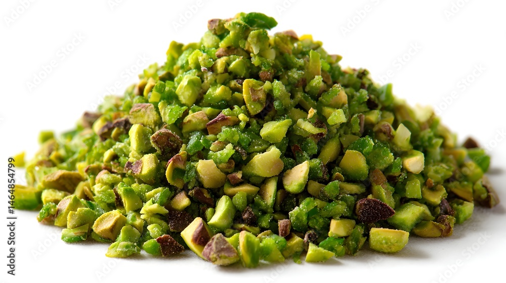 A close-up shot shows a delicious pile of chopped pistachios against a bright white background perfect for food blogs or culinary websites. A close-up shot shows a delicious pile of chopped pistachios against a bright white background perfect for food blogs or culinary websites.