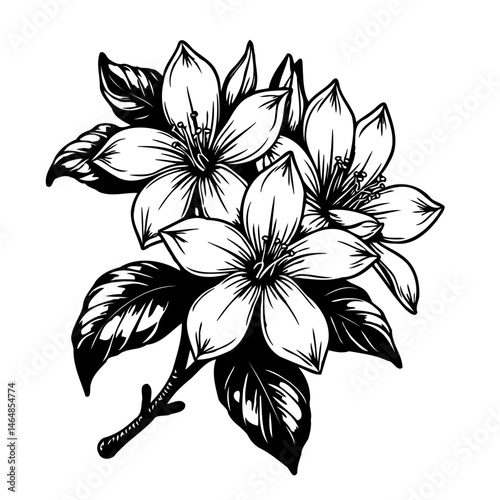 Monochrome floral sprig drawing, petals and leaves artwork, floral illustration