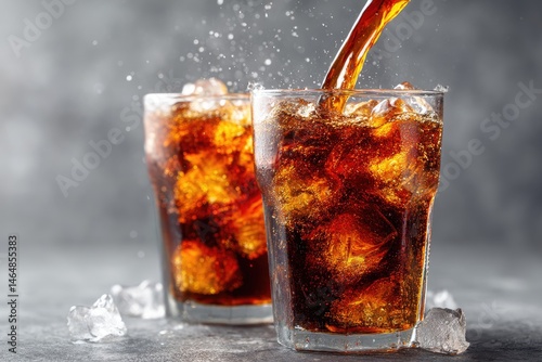 Two glasses of fizzy cola with ice cubes, one being freshly poured, refreshing and vibrant on a gray background, ideal for beverage ads and summer promotions