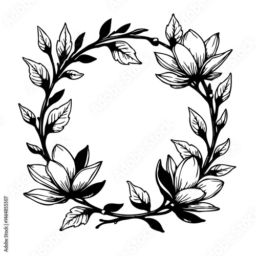 Floral wreath illustration with stylized flowers and foliage in black and white