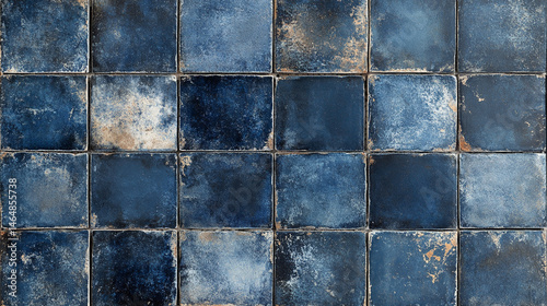 Blue glossy vintage-inspired porcelain stoneware tile texture in a seamless horizontal pattern. Symbolizes timeless style, durability, and retro-modern charm in a polished decorative surface.


