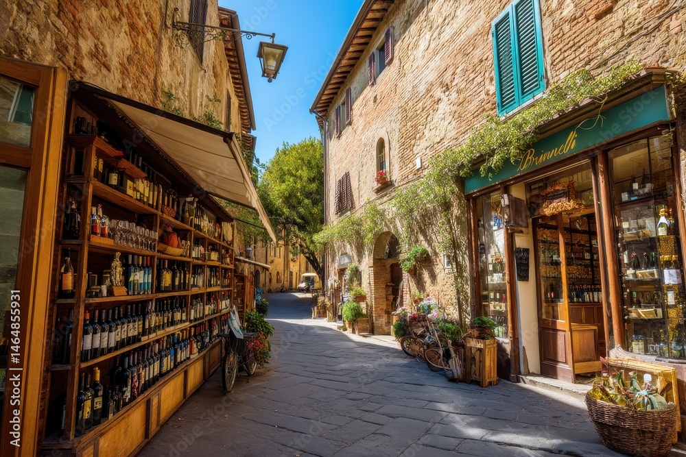 Fototapeta premium Charming Montalcino: Summer Street Scene Showcasing Brunello in Tuscan Wine Shop