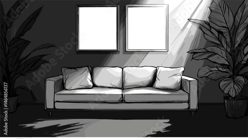 vector drawing black and white interior with sofa .Generative AI
