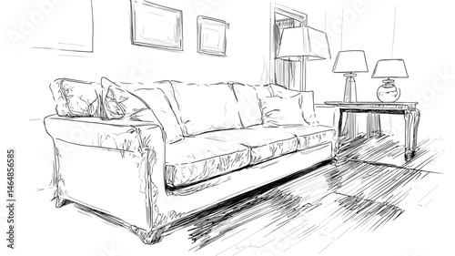 vector drawing black and white interior with sofa .Generative AI