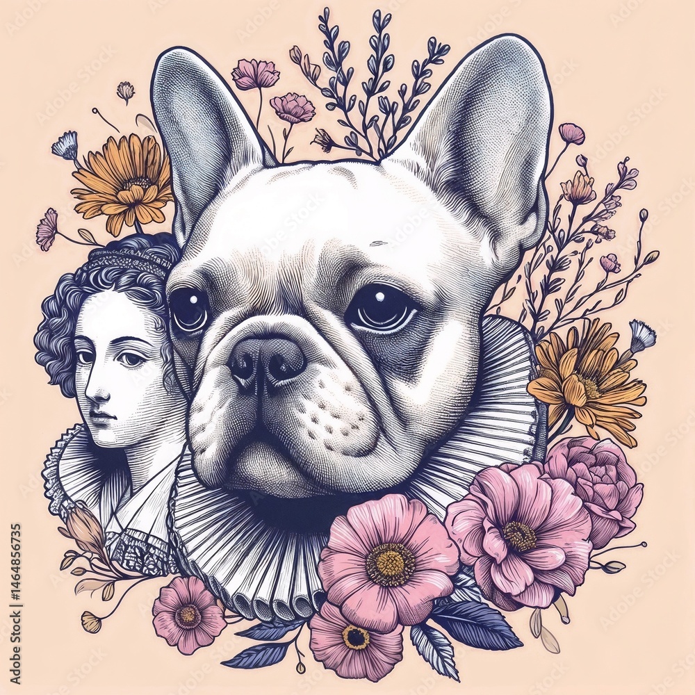 French Bulldog portrait surrounded by flowers and classical artwork
