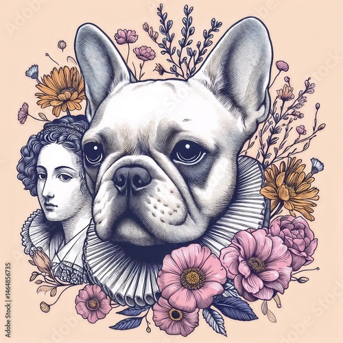 Obraz na płótnie French Bulldog portrait surrounded by flowers and classical artwork w salonie