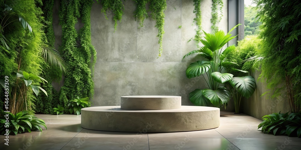 Serene Minimalist Display Two-Tiered Stone Pedestal Amidst Lush Greenery and a Tranquil Indoor Garden Setting Serene Minimalist Display Two-Tiered Stone Pedestal Amidst Lush Greenery and a Tranquil Indoor Garden Setting