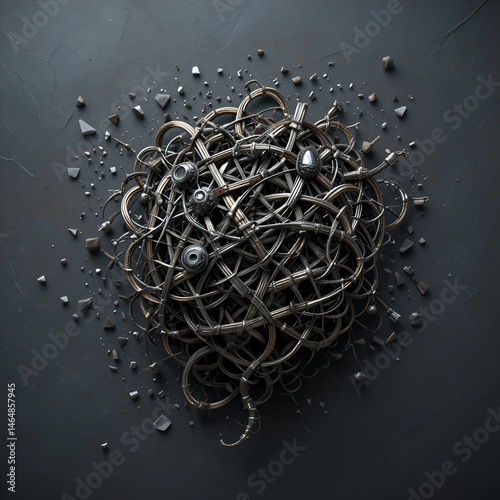A tangle of metallic debris against a dark slate background, dark slate, snarled metal