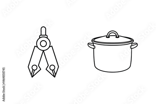Black and white line art of a compass and a cooking pot on a white background
