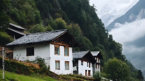 Wallpaper Mural Mountain village surrounded by misty peaks and lush greenery in serene atmosphere Torontodigital.ca