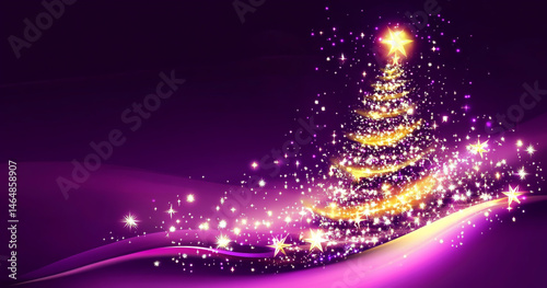 Vibrant purple background with bright Christmas trees and twinkling stars