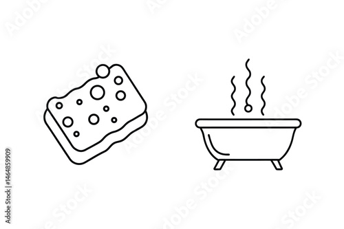 Simple black and white illustration of a sponge and a bathtub with steam