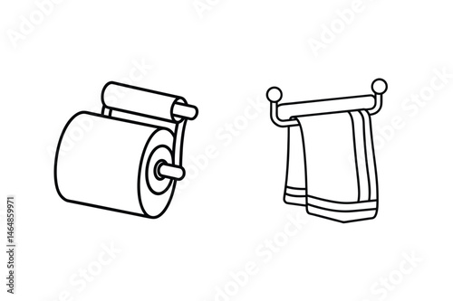 Bathroom fixtures depicting toilet paper roll and towel rack in simple black and white outline