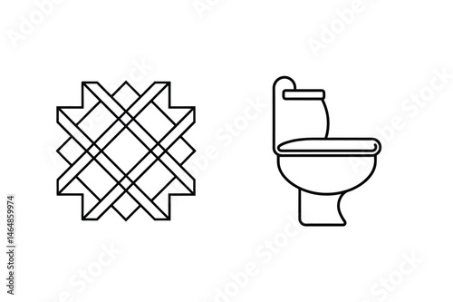 Minimalist bathroom design elements including a toilet icon and geometric decorative pattern