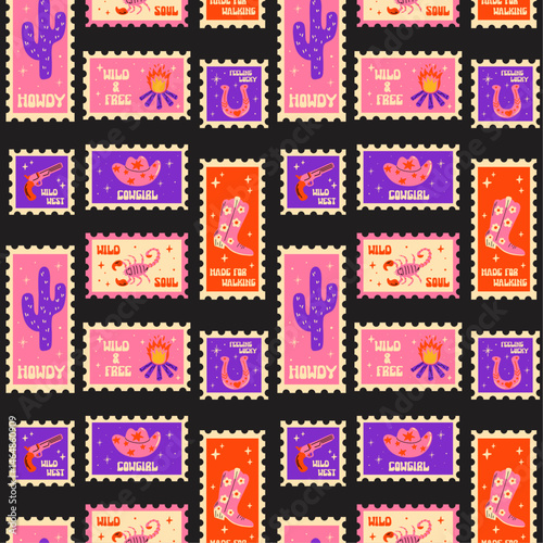 Western themed seamless vector pattern with cute groovy funky cartoon illustration of post stamps, hippie mail stickers with cowboy boots, cowgirl hat, horseshoe, desert cactus, wild west