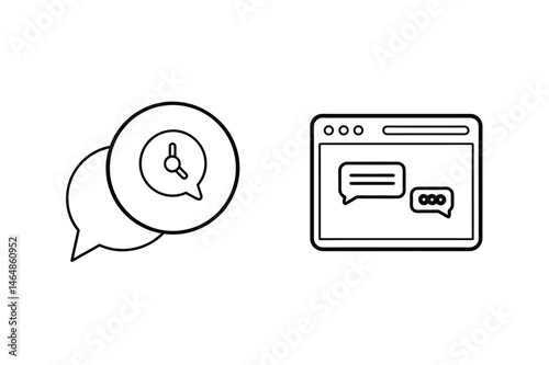 Illustration of online chat communication and time management concepts in black and white