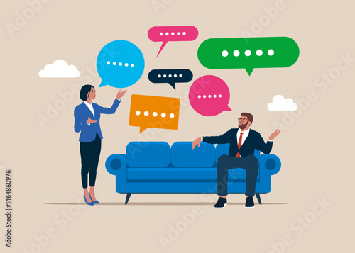 Businessman discussing work in meeting with speech bubbles while comfortably sitting on a couch. Discussion, conversation, meeting, team communication, colleague chatting, opinion. Vector illustration