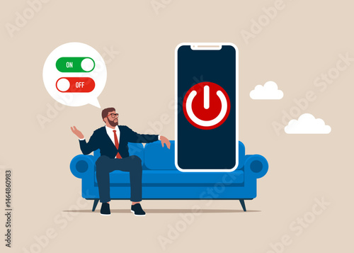 Businessman turning off and turning on devices while comfortably sitting on a couch. On Off button on smartphone screen. Modern vector illustration in flat style